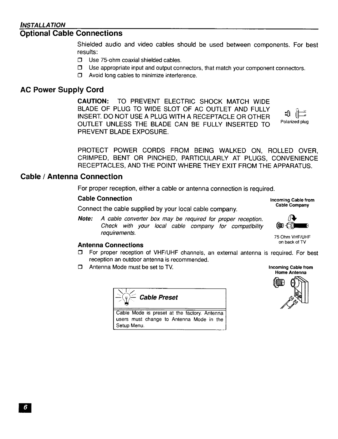 Panasonic CT-F2121L, CT-F2111X manual Optional Cable Connections, AC Power Supply Cord, Cable / Antenna Connection 