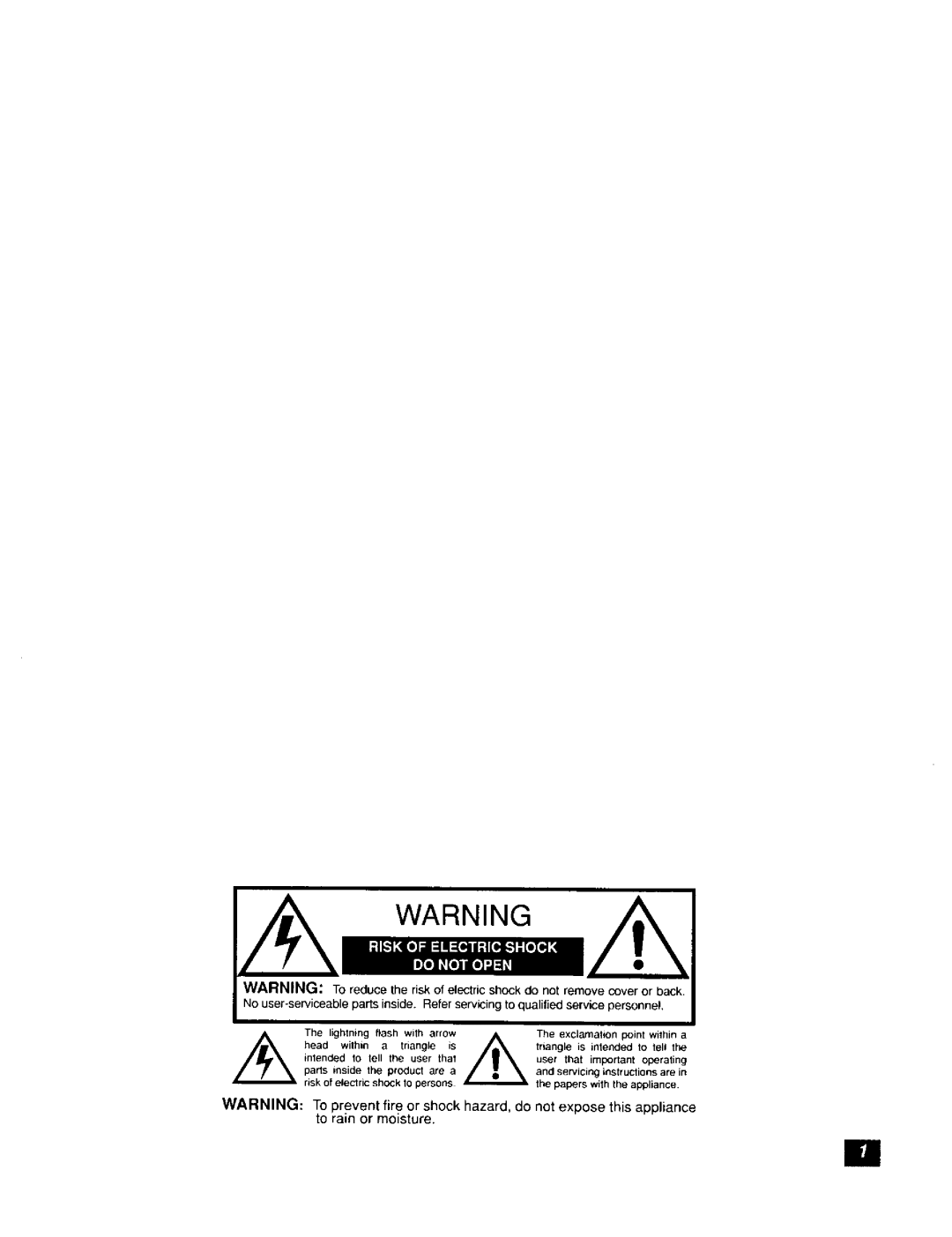 Panasonic CT-F2111X, CT-F2121L manual To prevent fire or shock hazard, do not expose this appliance, to rain or moisture 