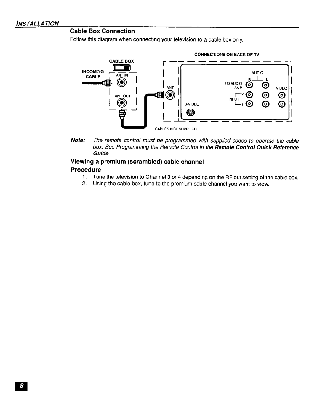 Panasonic CT-F2111X manual L,Q Q, Cable Box Connection, Viewing a premium scrambled cable channel Procedure, Installa Tion 