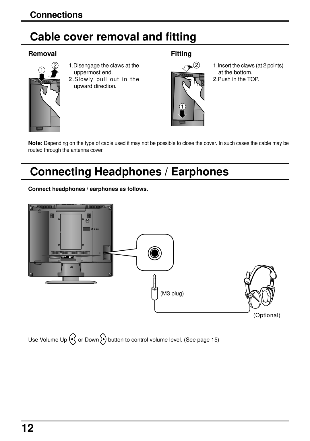 Panasonic CT-L1400, CT-L2000 manual Cable cover removal and fitting, Connecting Headphones / Earphones 