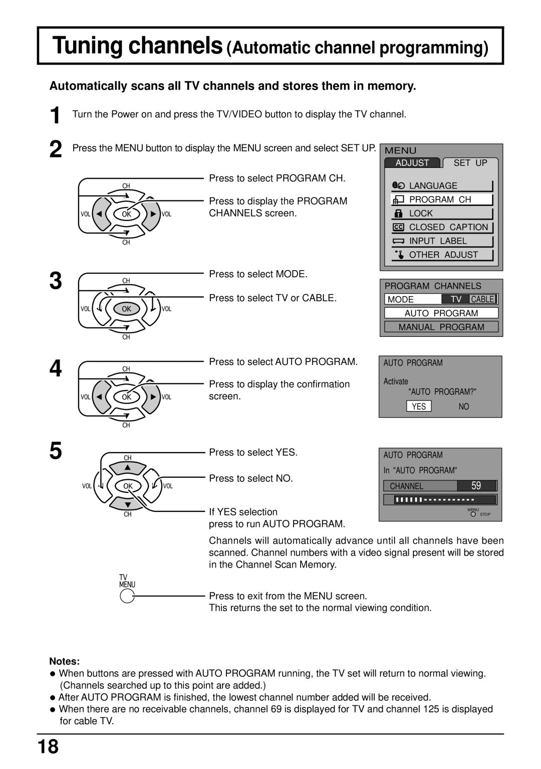 Panasonic CT-L1400, CT-L2000 manual Tuning channels Automatic channel programming 