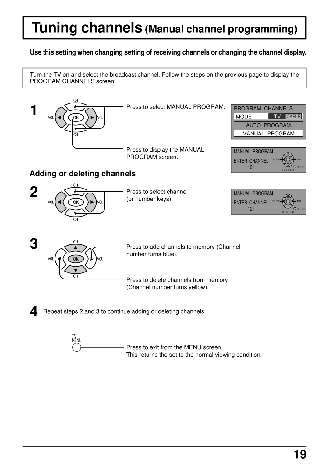 Panasonic CT-L2000, CT-L1400 manual Tuning channels Manual channel programming 