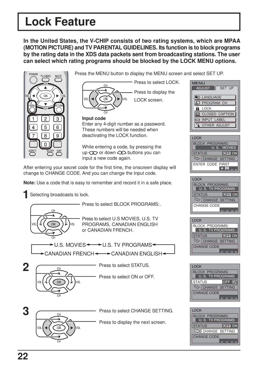 Panasonic CT-L1400, CT-L2000 manual Lock Feature, Input code 