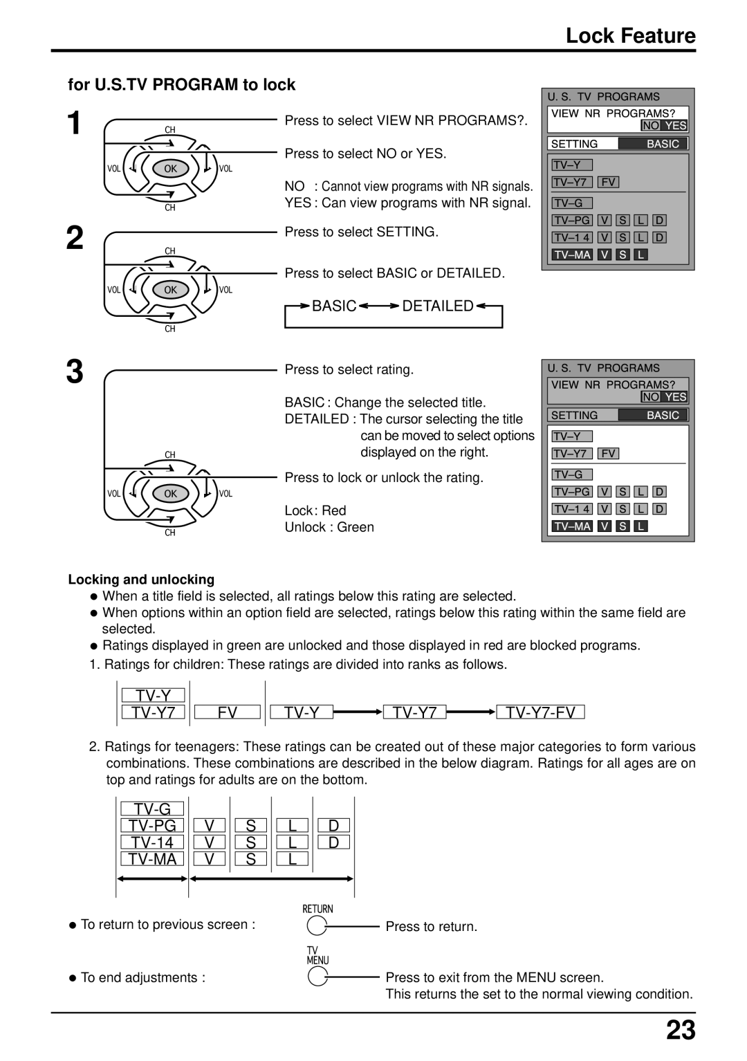 Panasonic CT-L2000, CT-L1400 manual For U.S.TV Program to lock, Locking and unlocking 