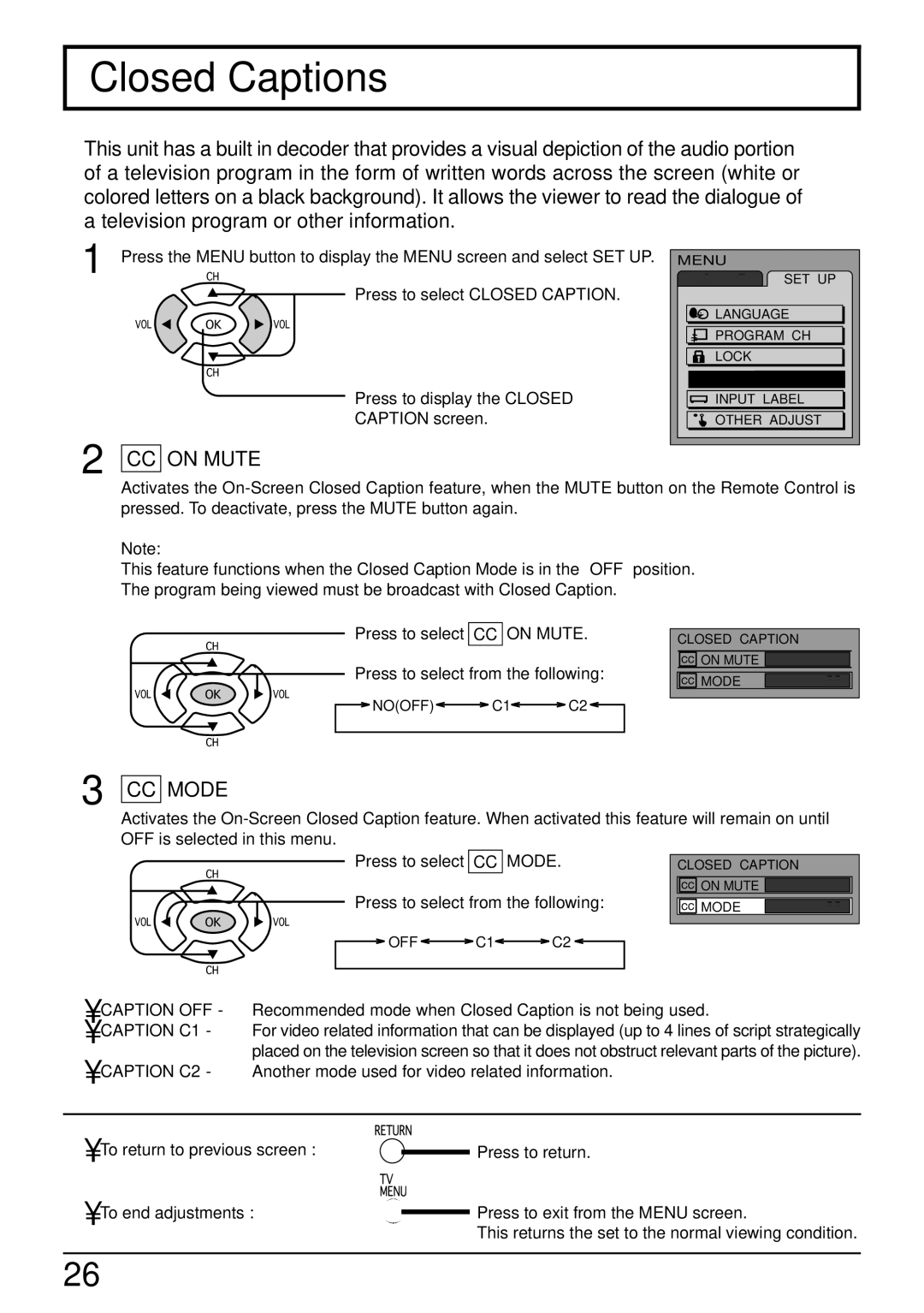 Panasonic CT-L1400, CT-L2000 manual Closed Captions, CC on Mute 