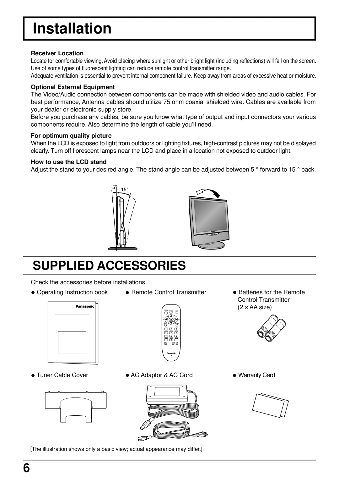 Panasonic CT-L1400, CT-L2000 Installation, Receiver Location, Optional External Equipment, For optimum quality picture 