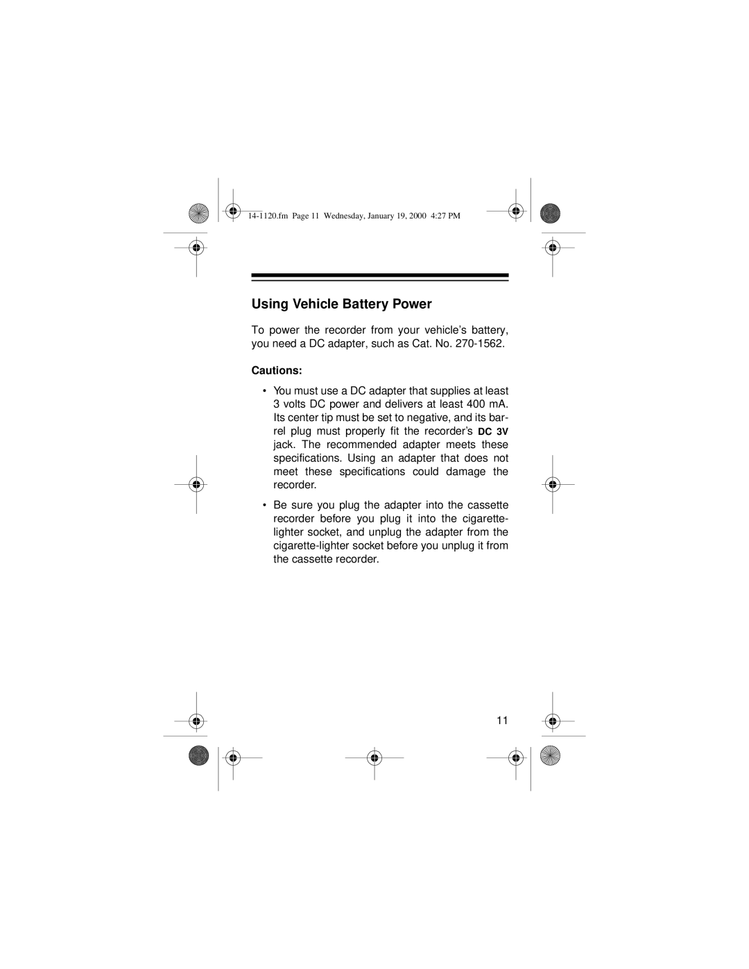 Panasonic CTR-114 owner manual Using Vehicle Battery Power 