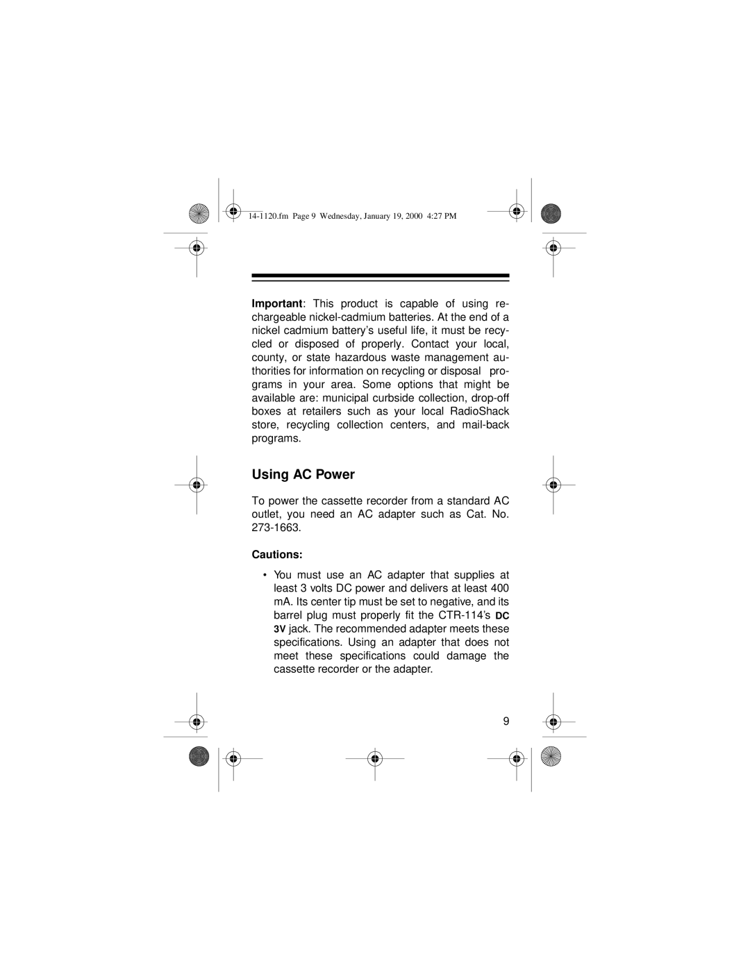 Panasonic CTR-114 owner manual Using AC Power 