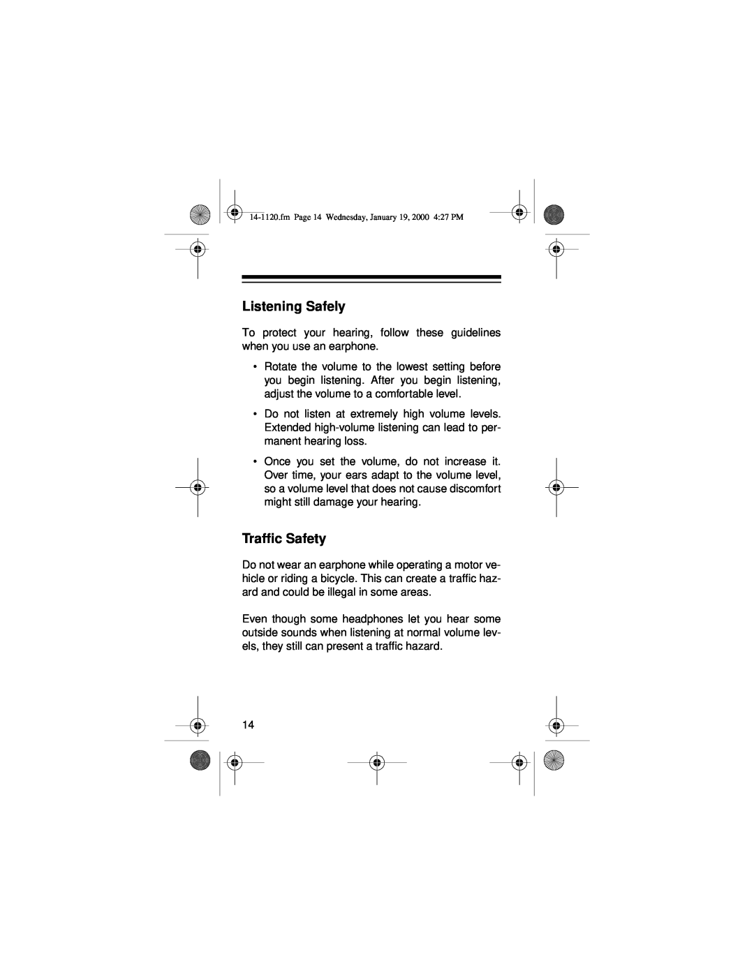 Panasonic CTR-114 owner manual Listening Safely, Traffic Safety 