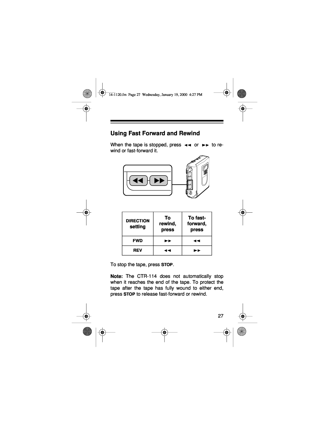 Panasonic CTR-114 owner manual Using Fast Forward and Rewind, setting, To rewind press 