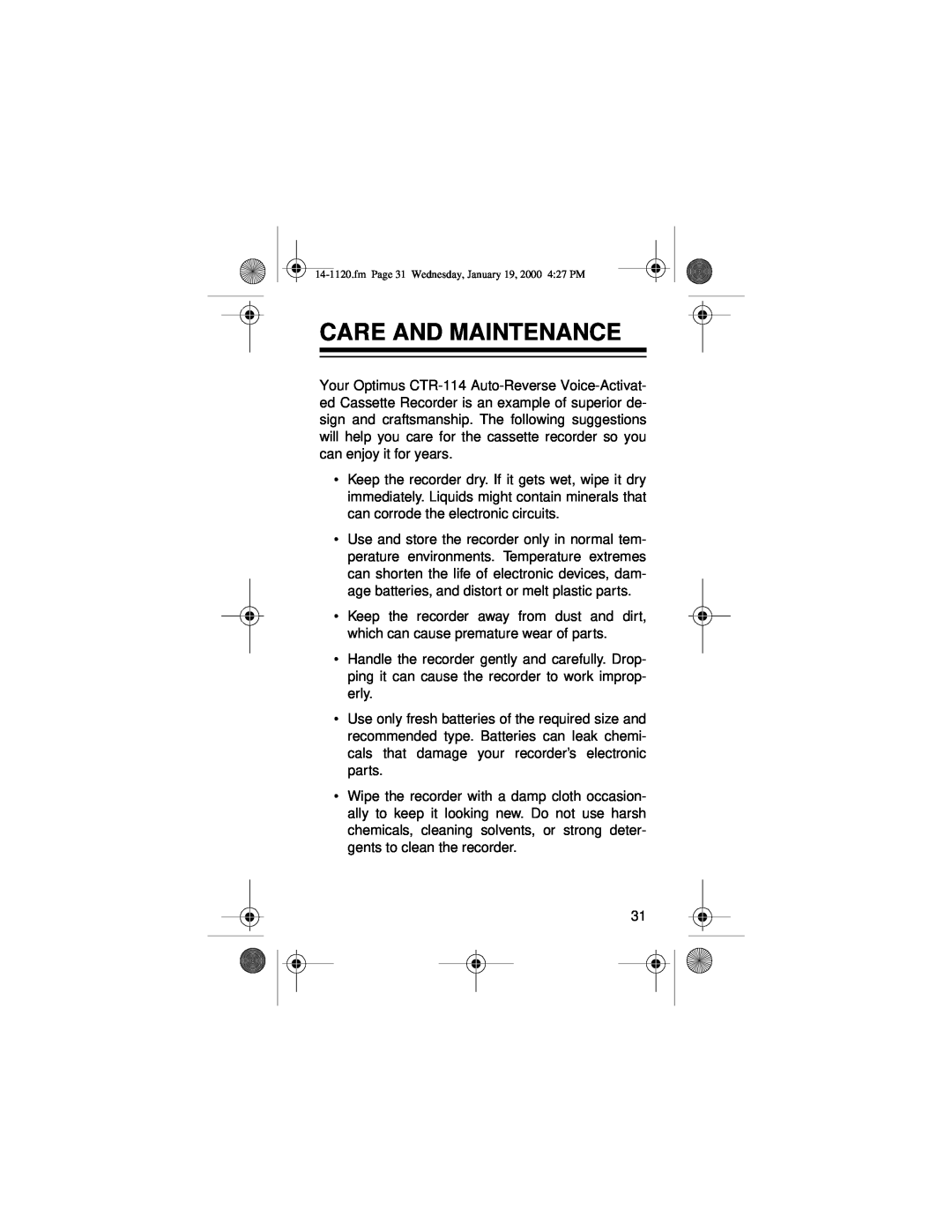 Panasonic CTR-114 owner manual Care And Maintenance 