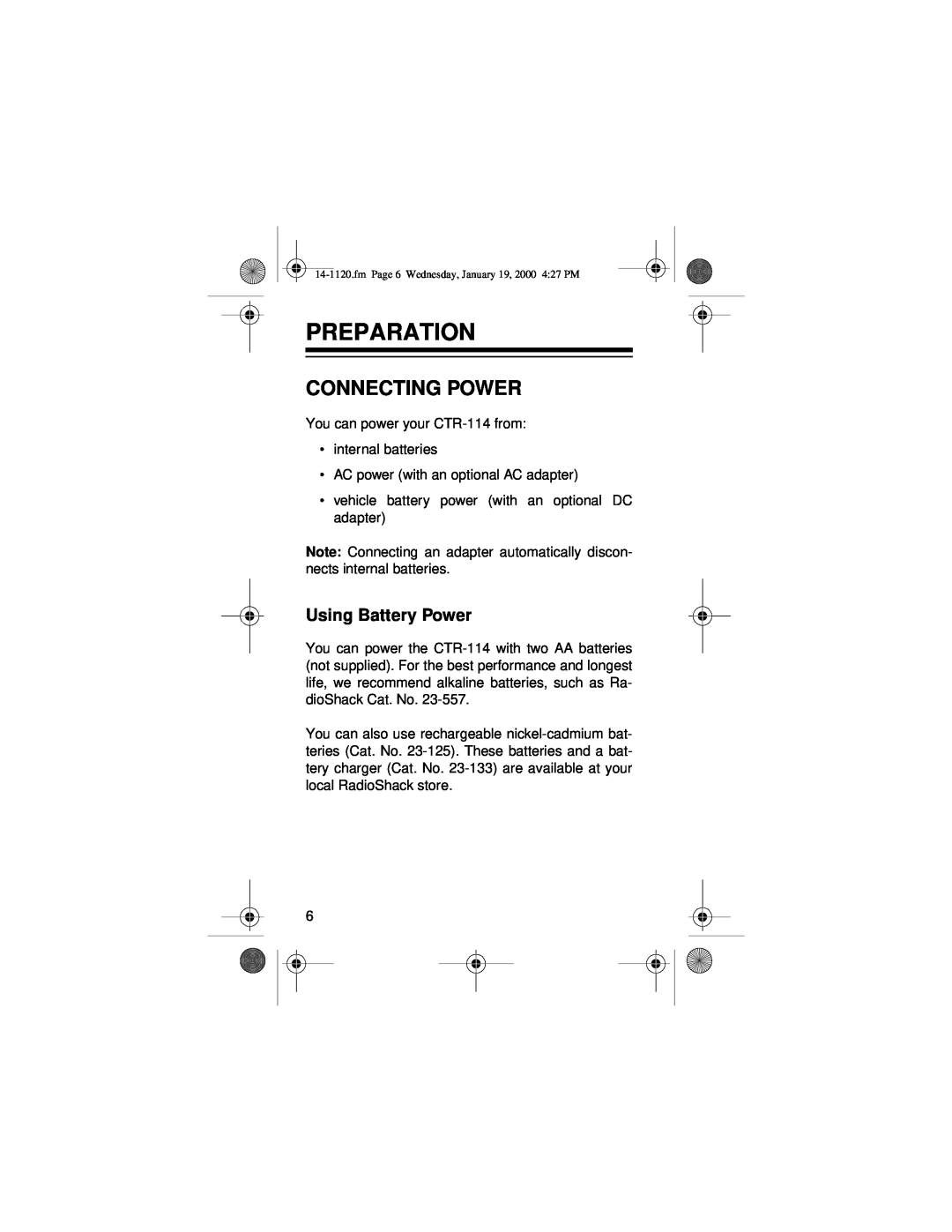 Panasonic CTR-114 owner manual Preparation, Connecting Power, Using Battery Power 