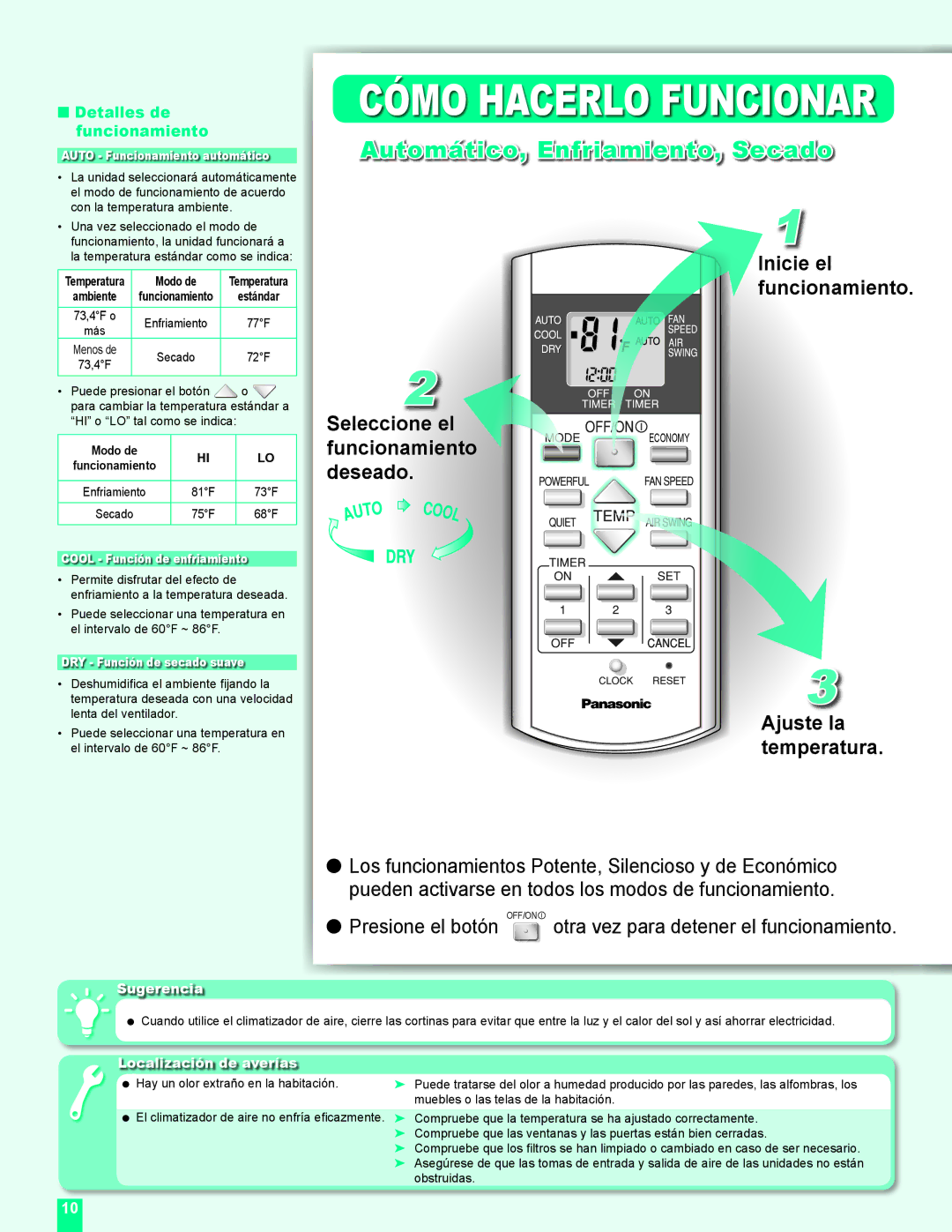 Panasonic CU-2C24DKU manual Automático, Enfriamiento, Secado, Ajuste la temperatura, Detalles de funcionamiento, Sugerencia 