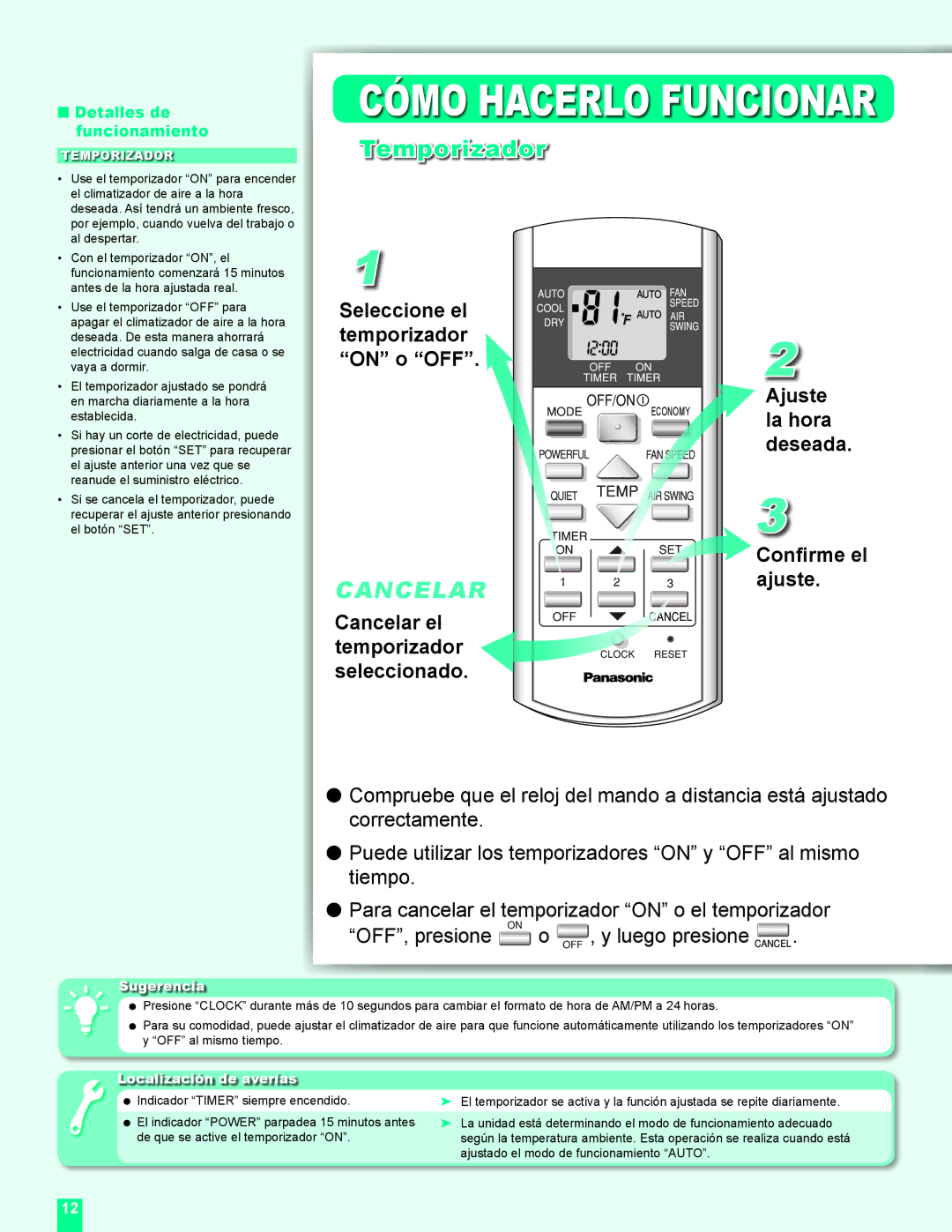 Panasonic CU-2C24DKU, CS-MC12DKU Temporizador, Cancelar, Seleccione el temporizador on o OFF, Deseada Conﬁrme el ajuste 