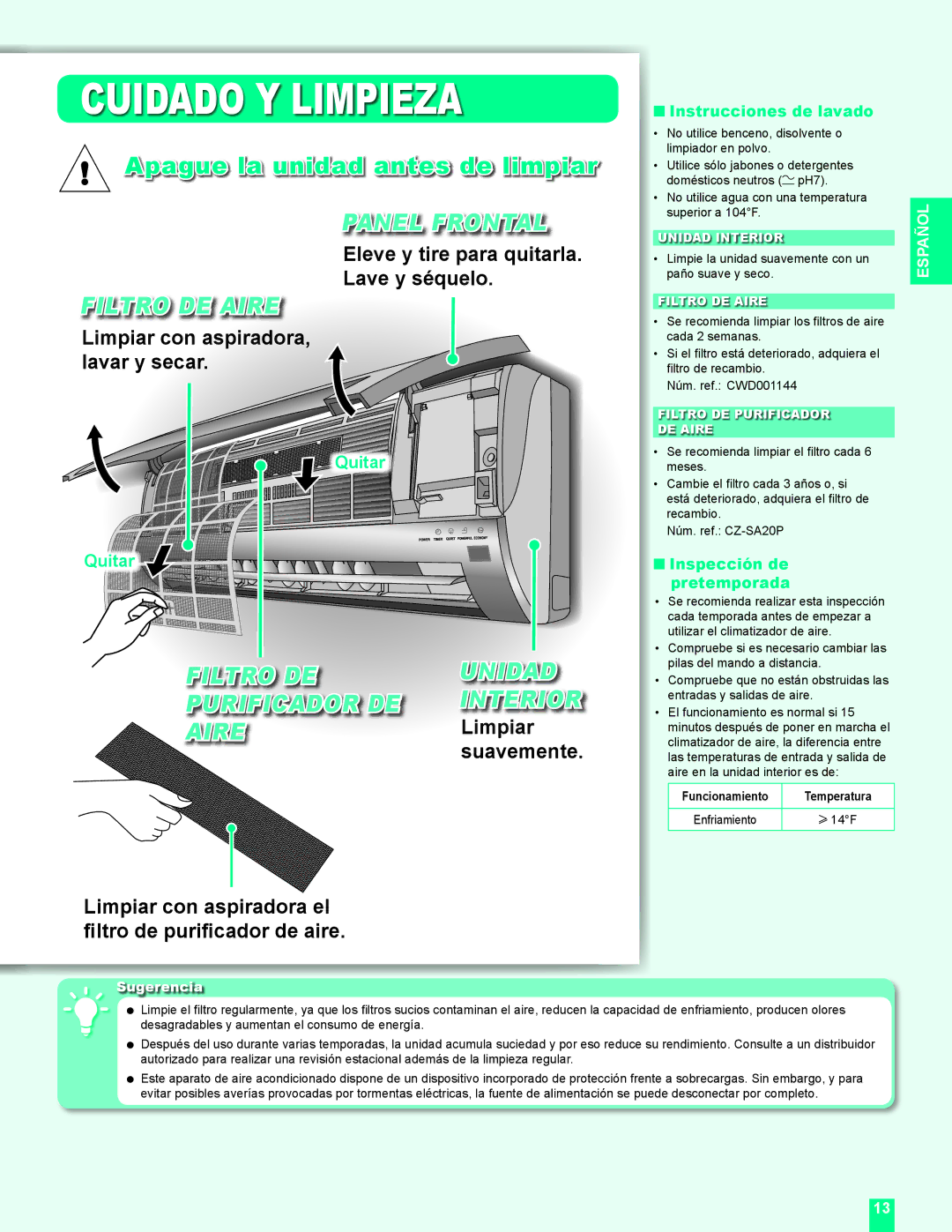 Panasonic CS-MC12DKU, CU-2C24DKU manual Cuidado Y Limpieza, Panel Frontal, Filtro DE Aire, Filtro DE Unidad Purificador DE 