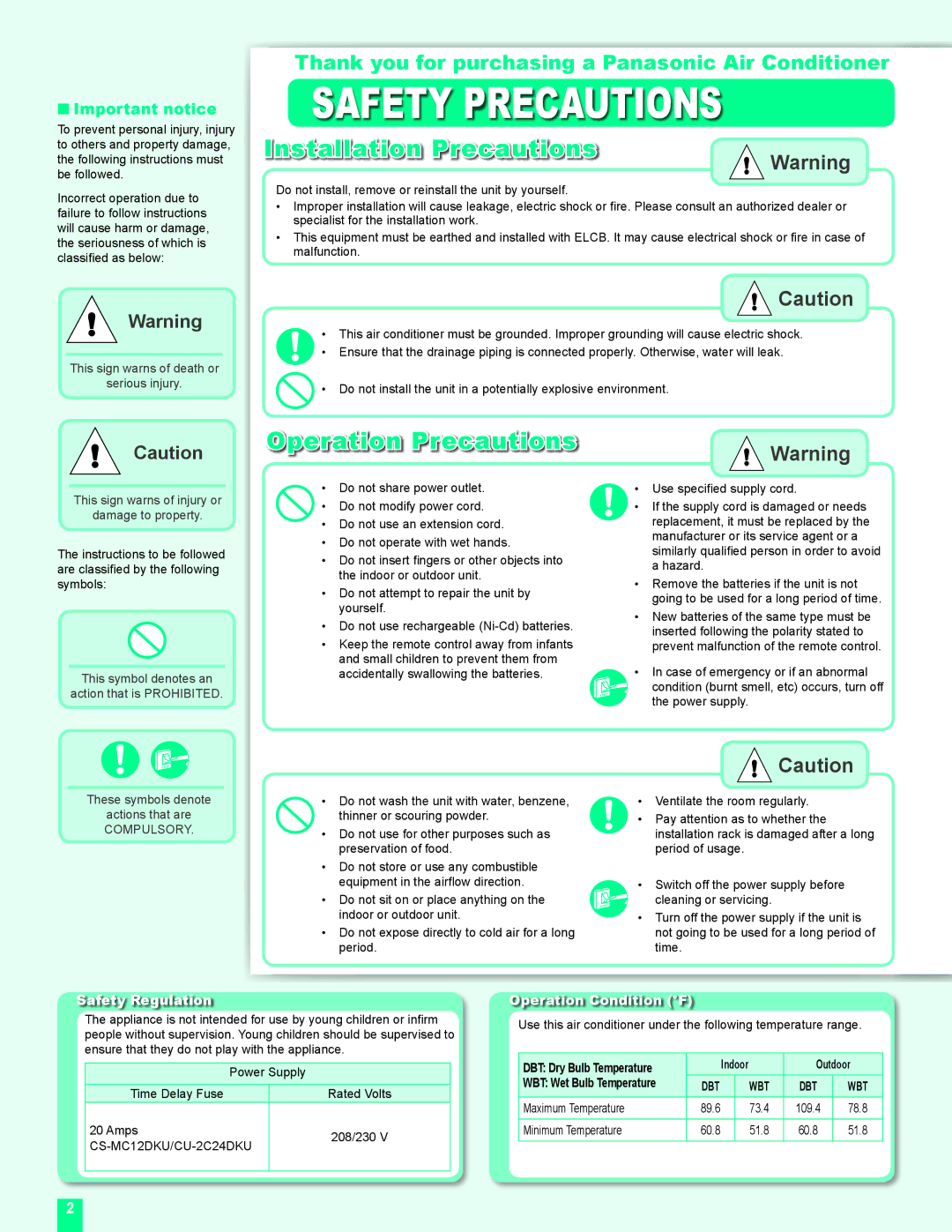 Panasonic CU-2C24DKU, CS-MC12DKU Safety Precautions, Installation Precautions, Operation Precautions, Important notice 