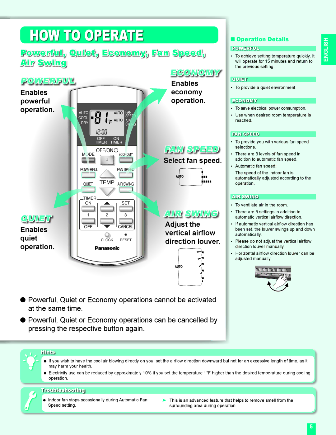 Panasonic CS-MC12DKU manual HOW to Operate, Powerful, Quiet, Economy, Fan Speed, Air Swing, Powerful Economy, FAN Speed 