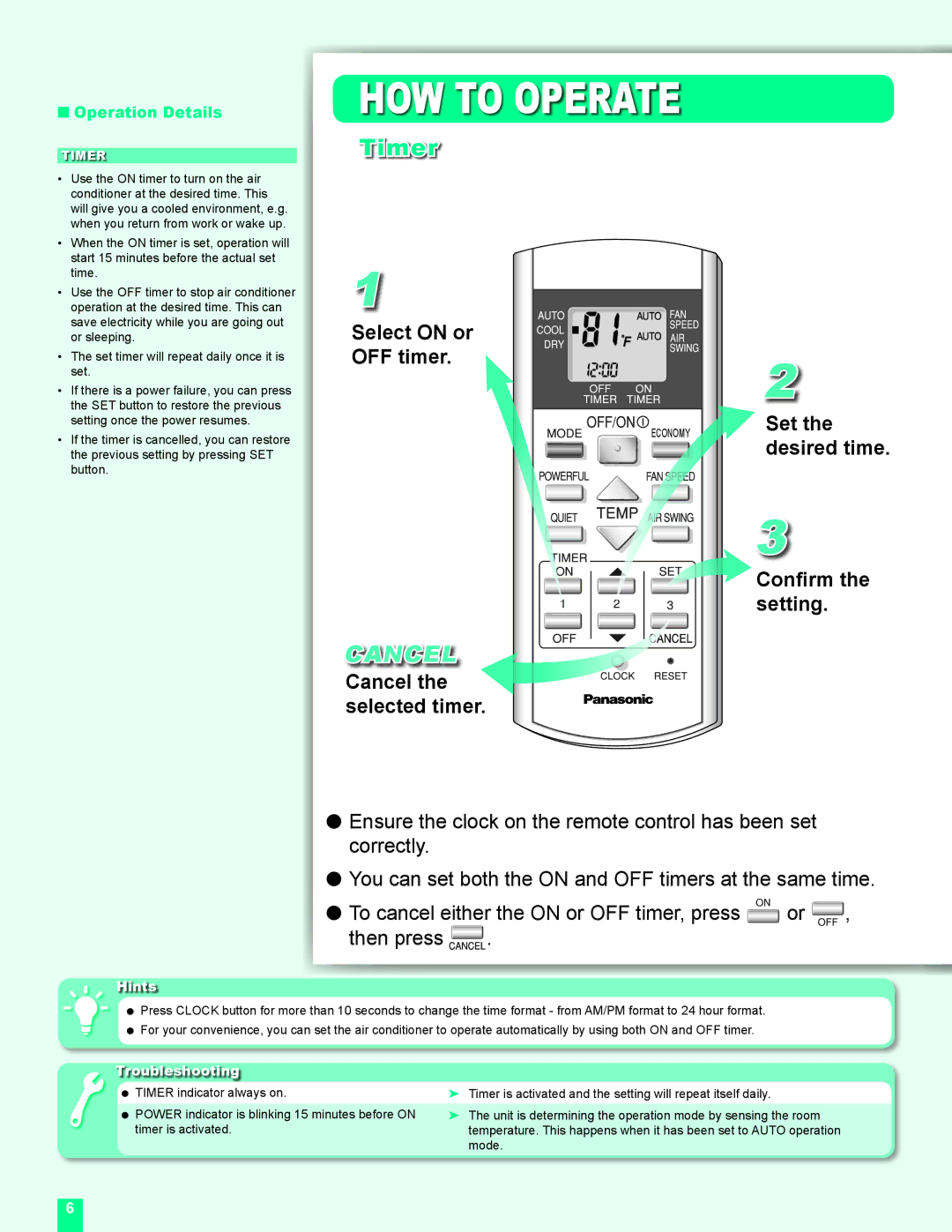 Panasonic CU-2C24DKU, CS-MC12DKU manual Timer, Cancel 