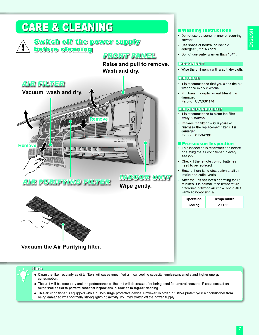 Panasonic CS-MC12DKU, CU-2C24DKU manual Care & Cleaning, Switch off the power supply before cleaning, AIR Filter 