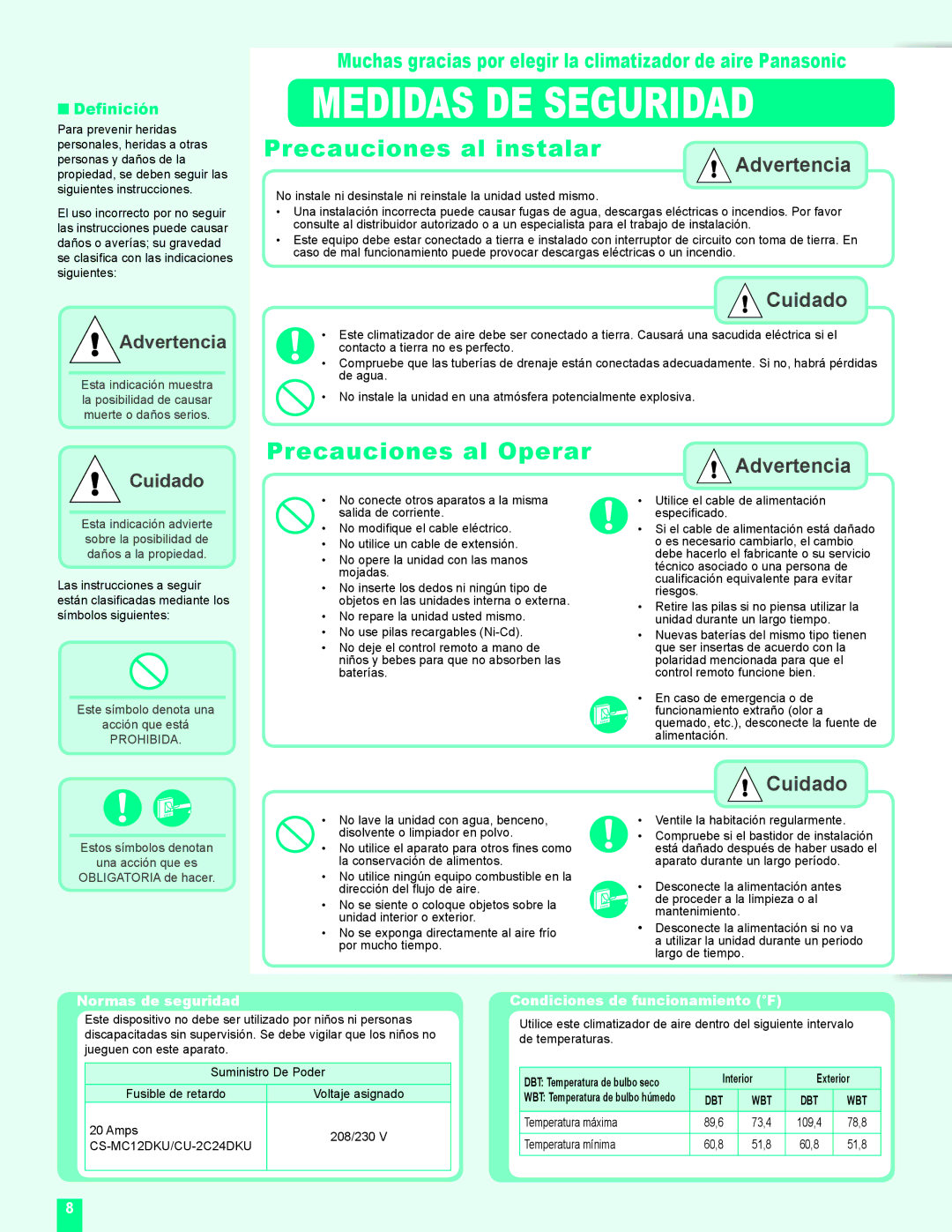 Panasonic CU-2C24DKU, CS-MC12DKU manual Medidas DE Seguridad, Precauciones al instalar, Precauciones al Operar, Definición 