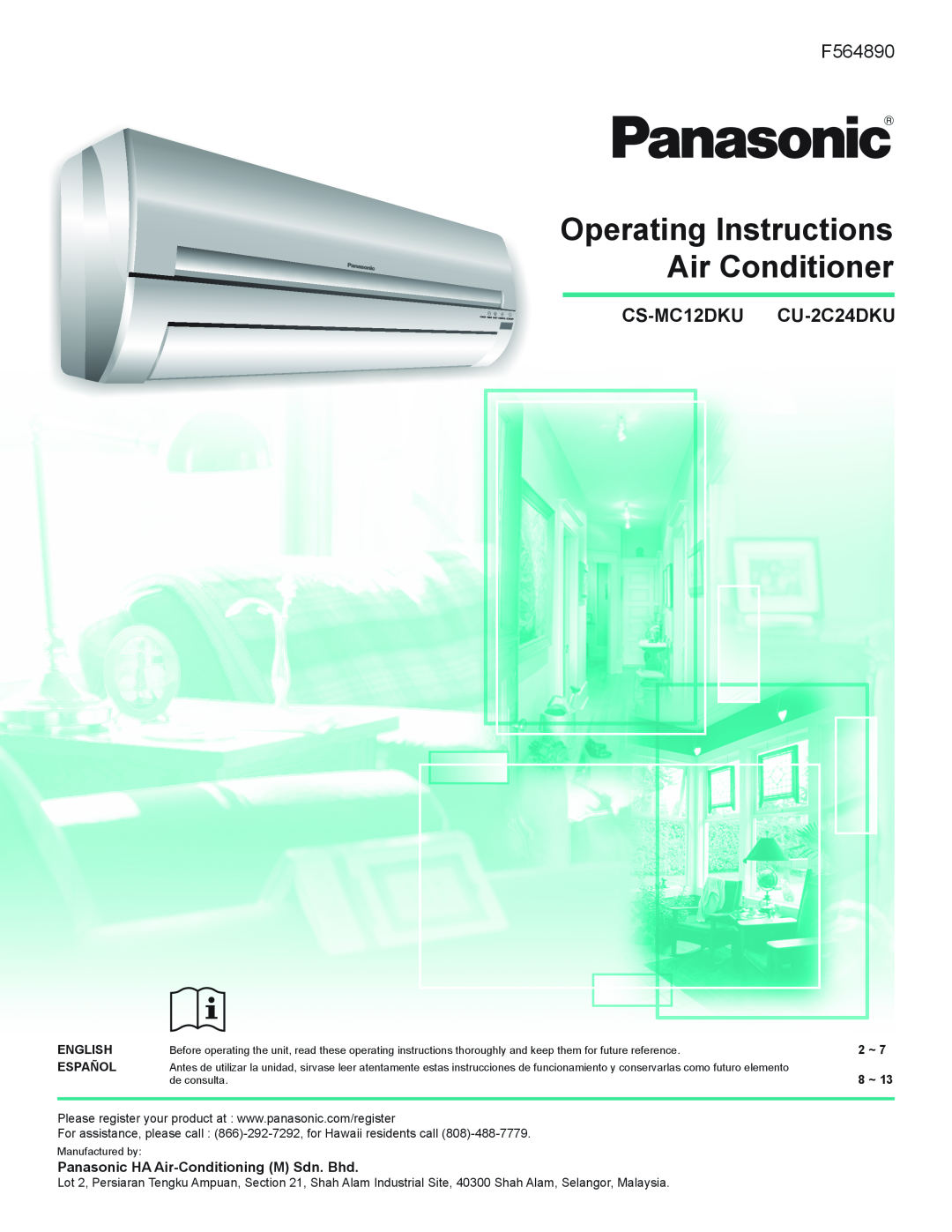 Panasonic manual Operating Instructions Air Conditioner, F564890, CS-MC12DKU CU-2C24DKU, English, Español 