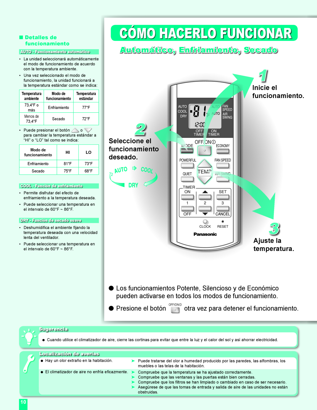 Panasonic CU-2C24DKU manual Cómo Hacerlo Funcionar, Automático, Enfriamiento, Secado, Seleccione el funcionamiento deseado 