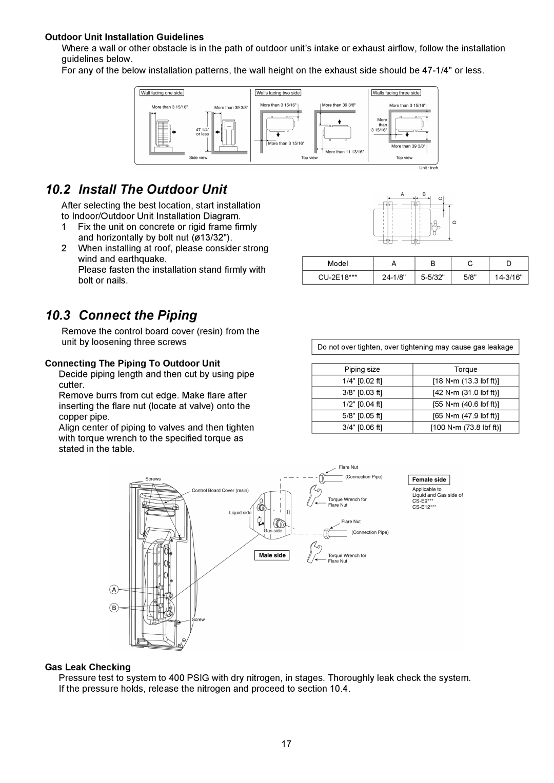 Panasonic CU-2E18NBU service manual Install The Outdoor Unit, Connect the Piping 