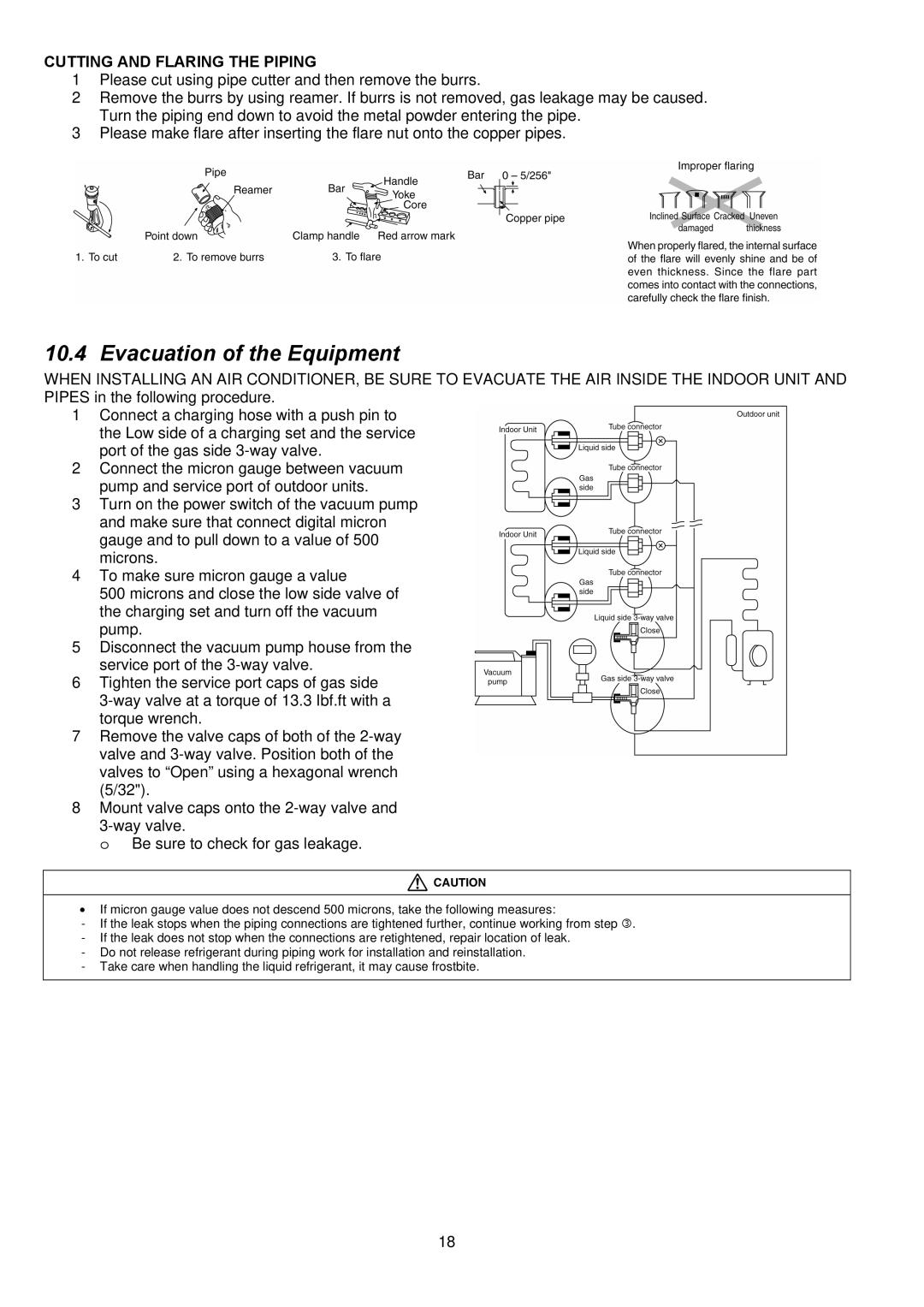 Panasonic CU-2E18NBU service manual Evacuation of the Equipment, Cutting and Flaring the Piping 