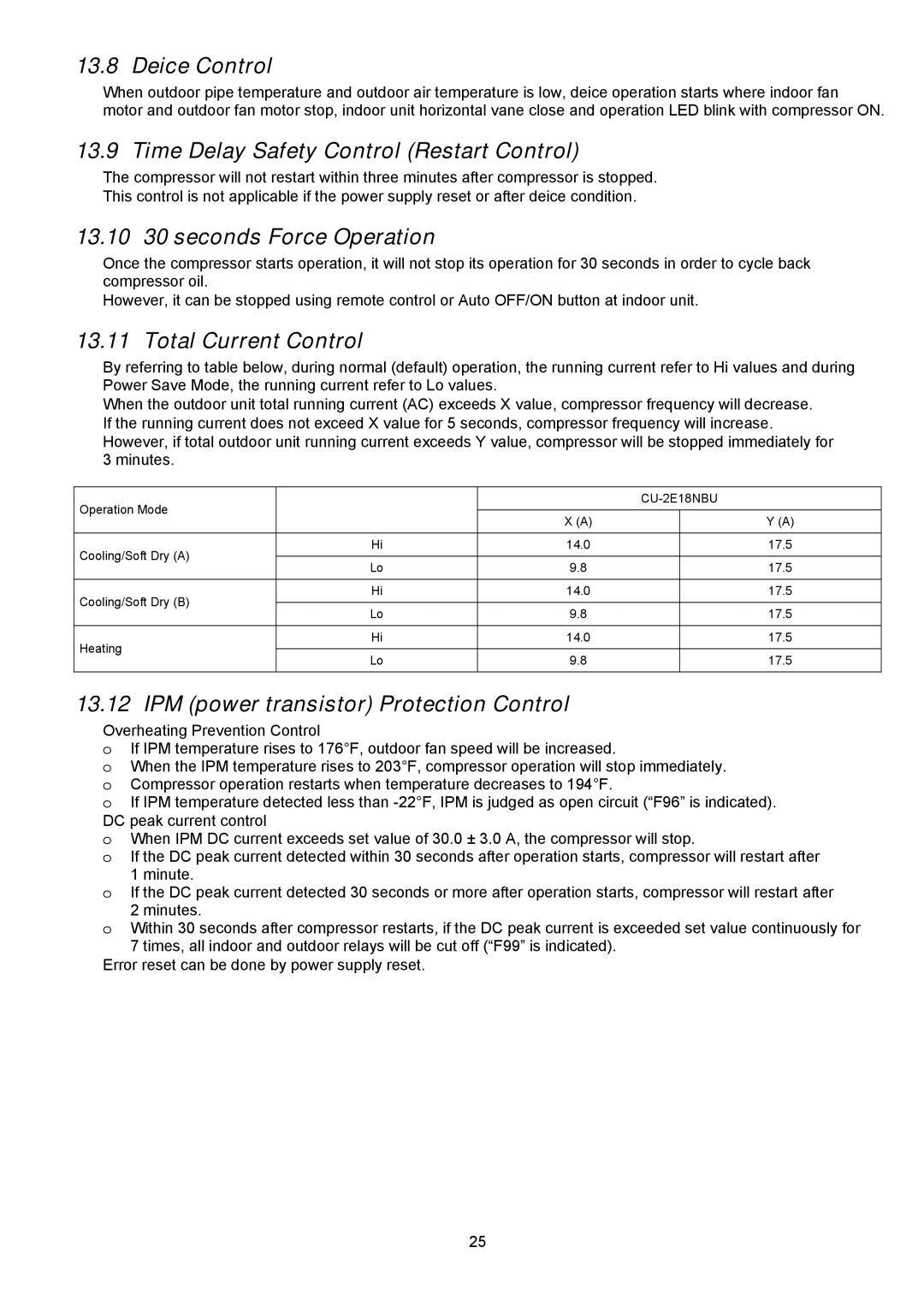 Panasonic CU-2E18NBU Deice Control, Time Delay Safety Control Restart Control, 13.10 30 seconds Force Operation 