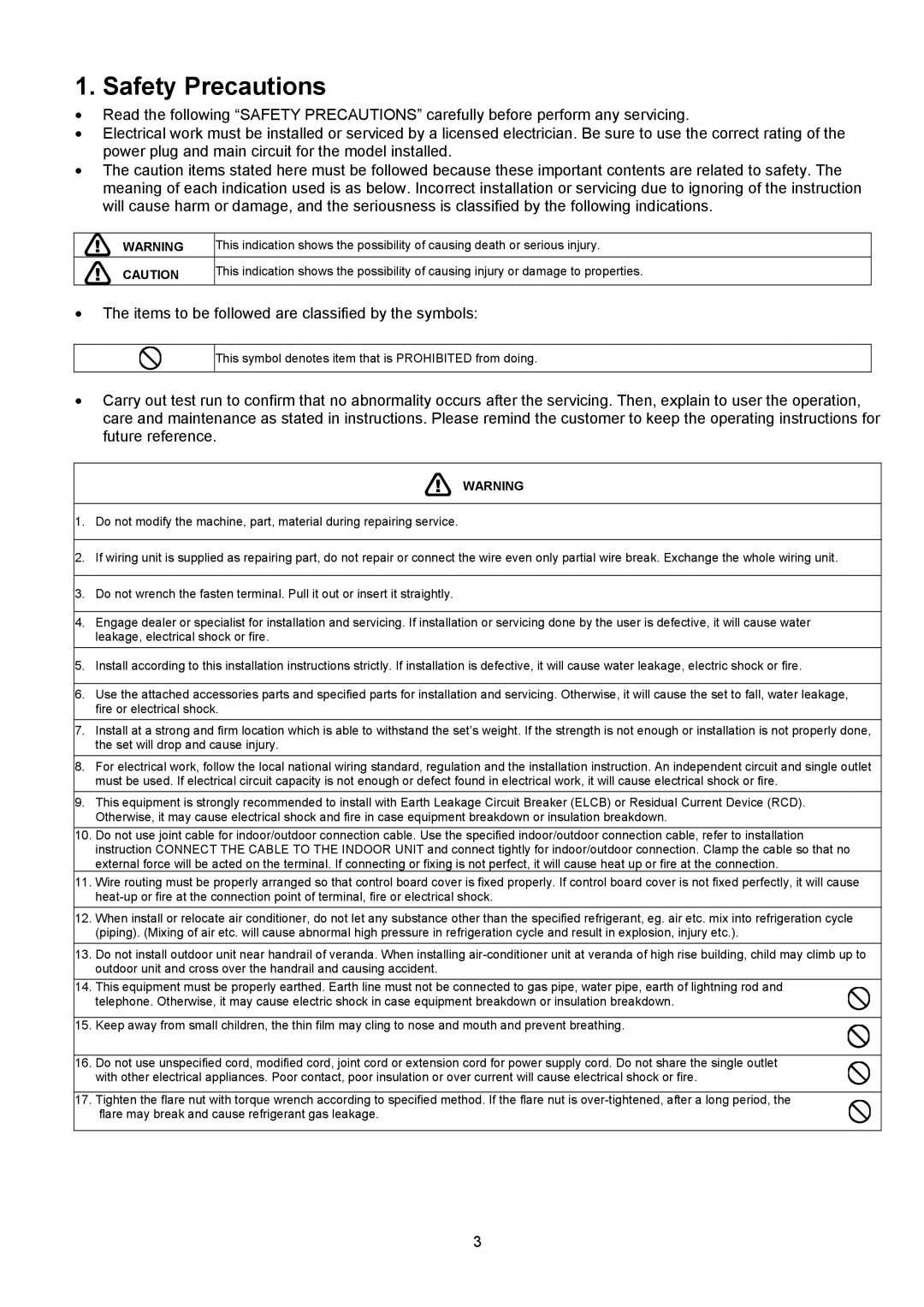 Panasonic CU-2E18NBU service manual Safety Precautions 