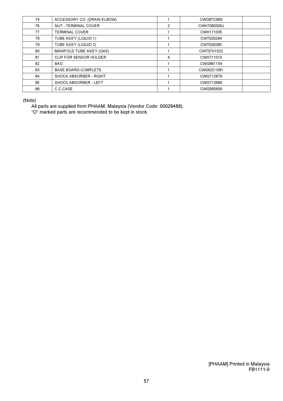 Panasonic CU-2E18NBU service manual Accessory CO. Drain Elbow 