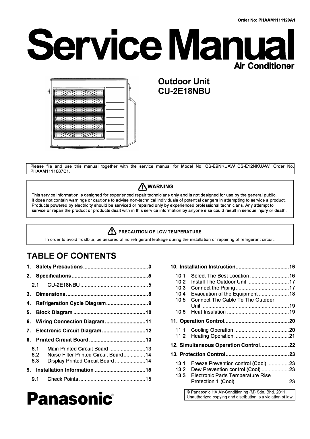 Panasonic service manual Outdoor Unit CU-2E18NBU, Table Of Contents 