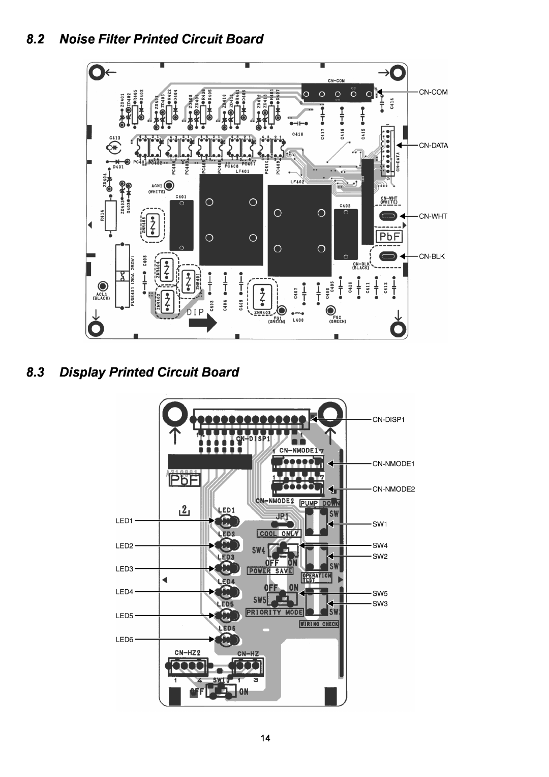 Panasonic CU-2E18NBU service manual 8.2Noise Filter Printed Circuit Board, 8.3Display Printed Circuit Board 