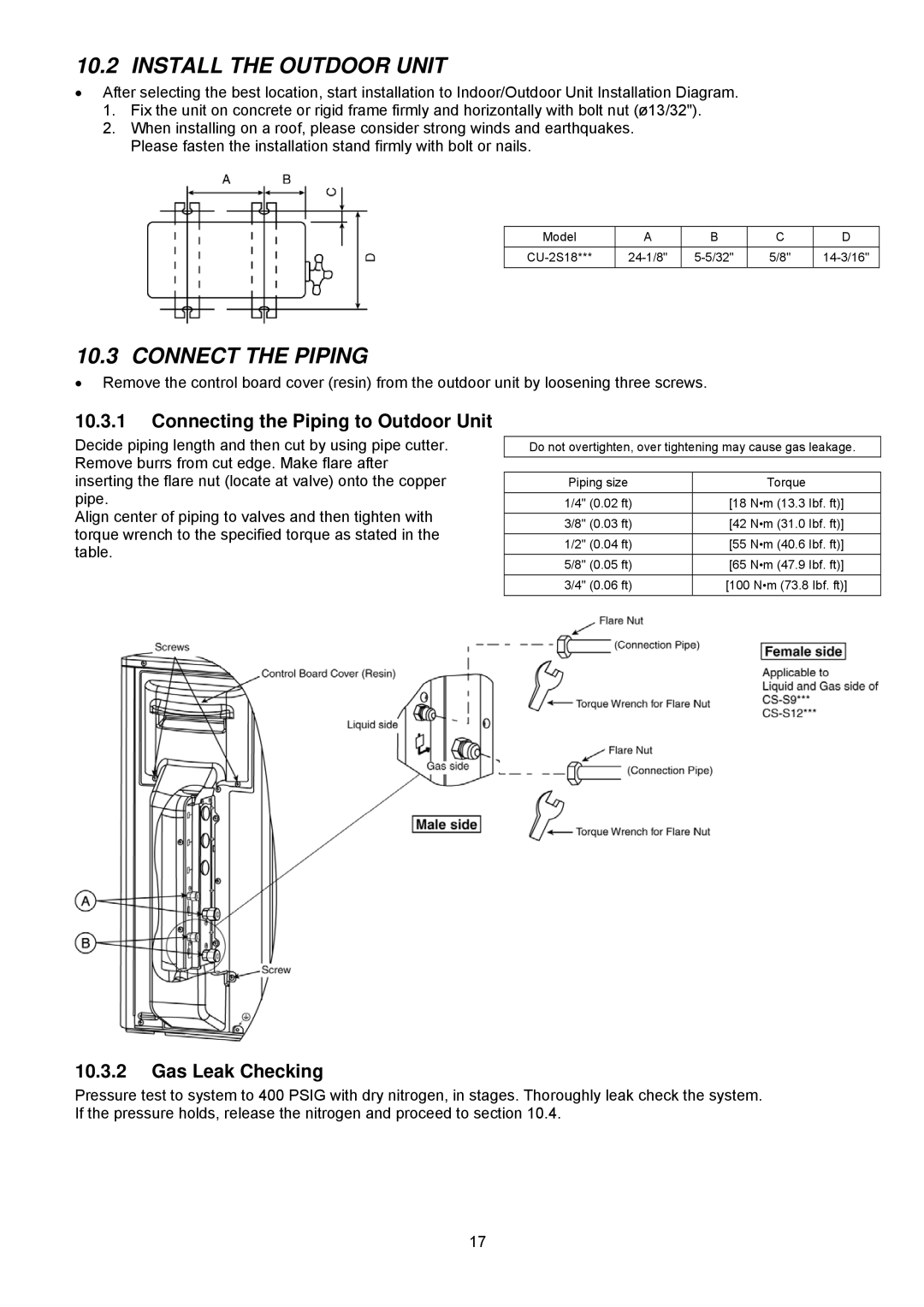 Panasonic CU-2S18NBU-1 service manual Connecting the Piping to Outdoor Unit, Gas Leak Checking 