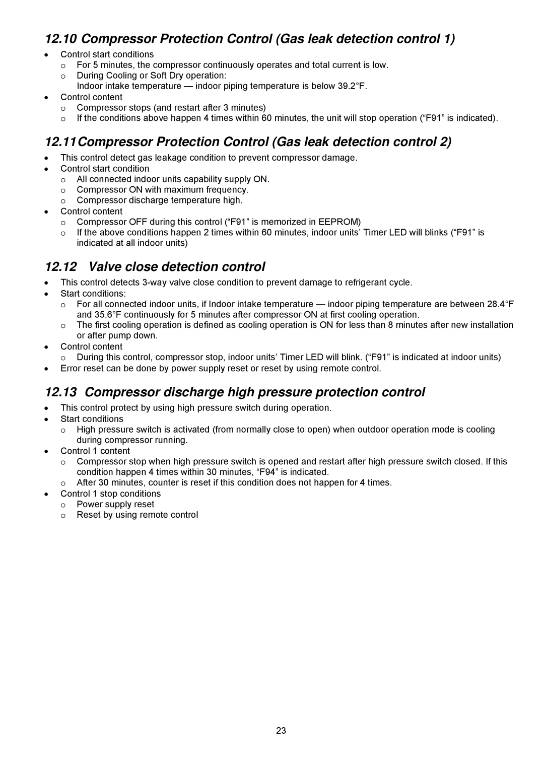 Panasonic CU-2S18NBU-1 Compressor Protection Control Gas leak detection control, Valve close detection control 