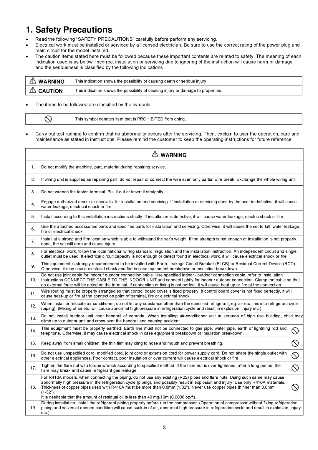 Panasonic CU-2S18NBU-1 service manual Safety Precautions, Items to be followed are classified by the symbols 