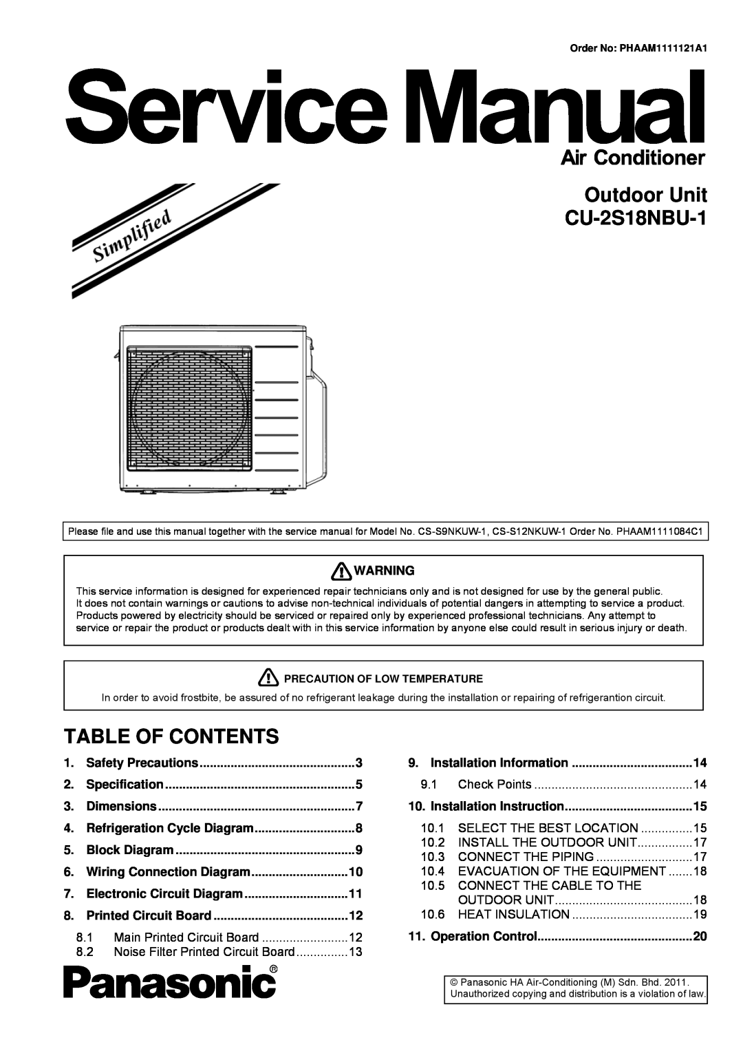 Panasonic service manual Outdoor Unit CU-2S18NBU-1, Table Of Contents, Main Printed Circuit Board 