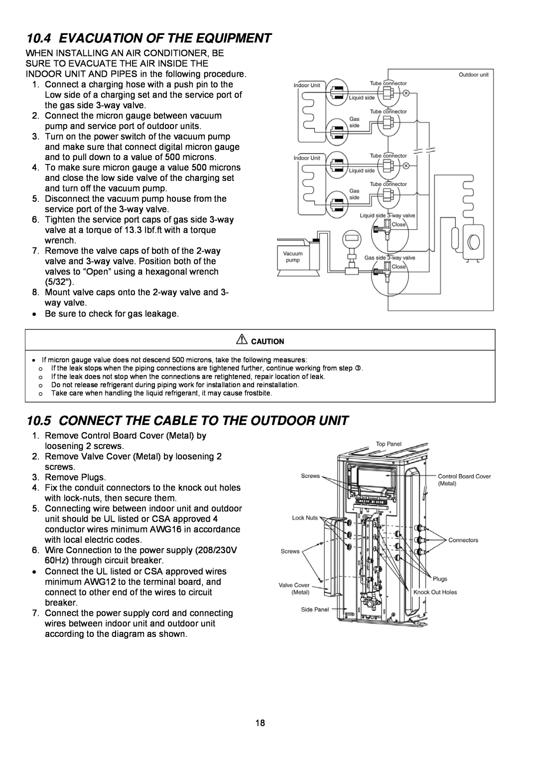 Panasonic CU-2S18NBU-1 service manual Evacuation Of The Equipment, Connect The Cable To The Outdoor Unit 