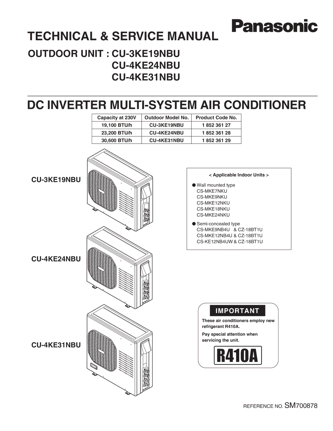 Panasonic CU-4KE24NBU, CU-4KE31NBU, CU-3KE19NBU service manual DC Inverter MULTI-SYSTEM AIR Conditioner 