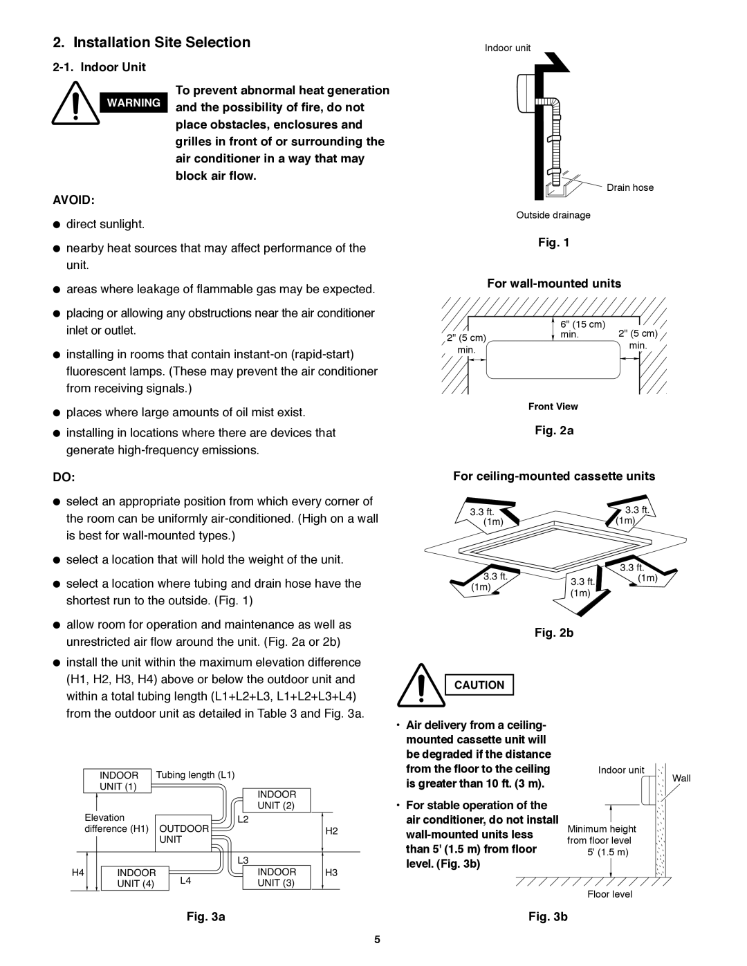 Panasonic CU-3KE19NBU Installation Site Selection, Indoor Unit, For wall-mounted units, For ceiling-mounted cassette units 