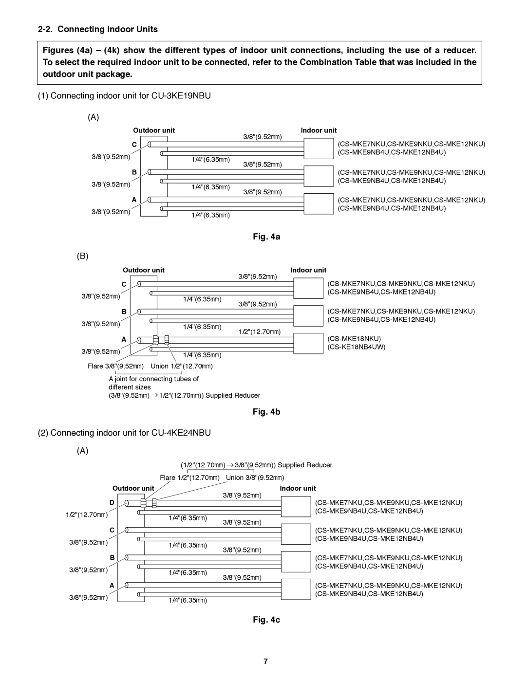 Panasonic CU-4KE24NBU, CU-4KE31NBU service manual Connecting Indoor Units, Connecting indoor unit for CU-3KE19NBU 