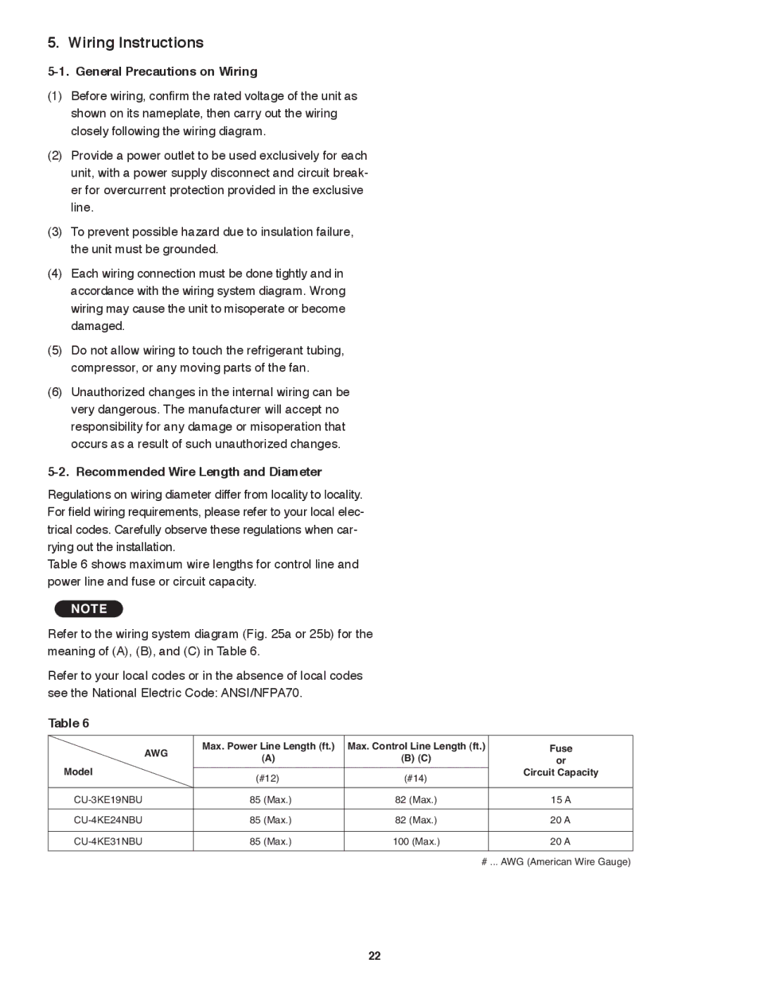 Panasonic CU-4KE24NBU Wiring Instructions, General Precautions on Wiring, Recommended Wire Length and Diameter 