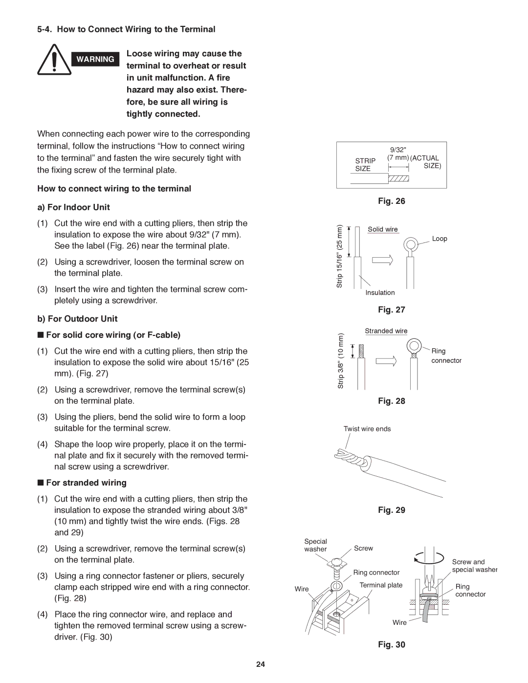 Panasonic CU-4KE31NBU, CU-4KE24NBU How to connect wiring to the terminal, For Indoor Unit,  For stranded wiring 