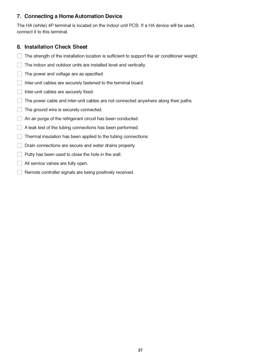 Panasonic CU-4KE31NBU, CU-4KE24NBU, CU-3KE19NBU service manual Connecting a Home Automation Device, Installation Check Sheet 