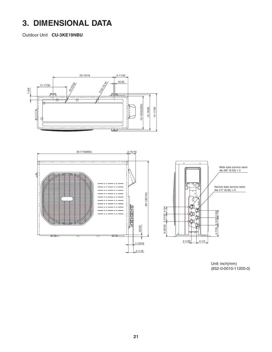 Panasonic CU-4KE31NBU, CU-4KE24NBU, CU-3KE19NBU service manual Dimensional Data 