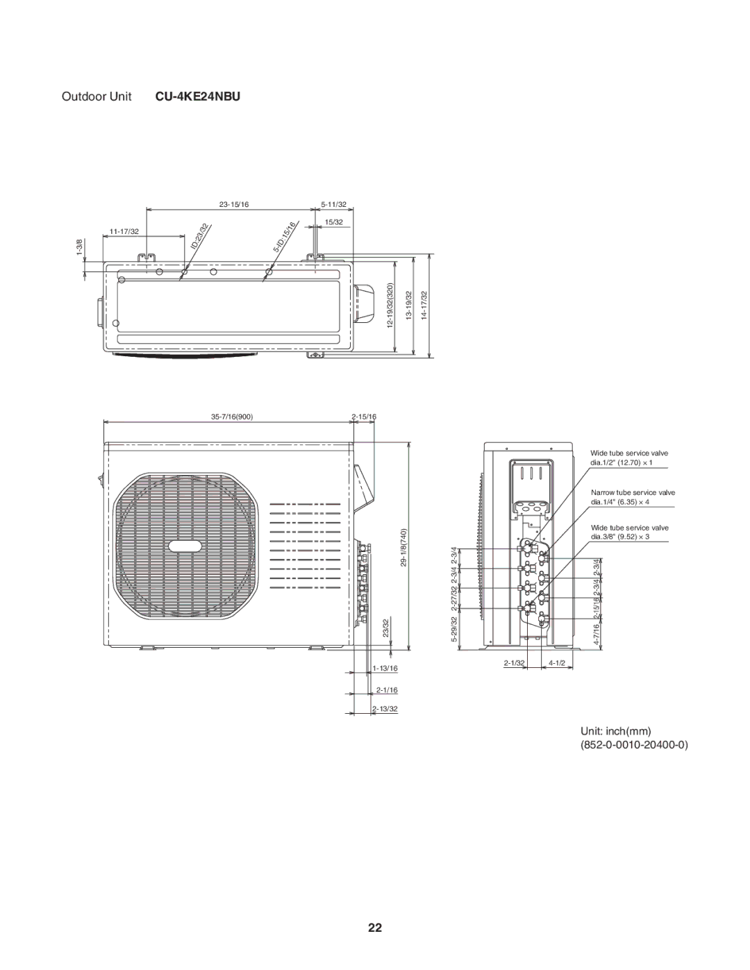 Panasonic CU-4KE24NBU, CU-4KE31NBU, CU-3KE19NBU service manual Unit inchmm 852-0-0010-20400-0 