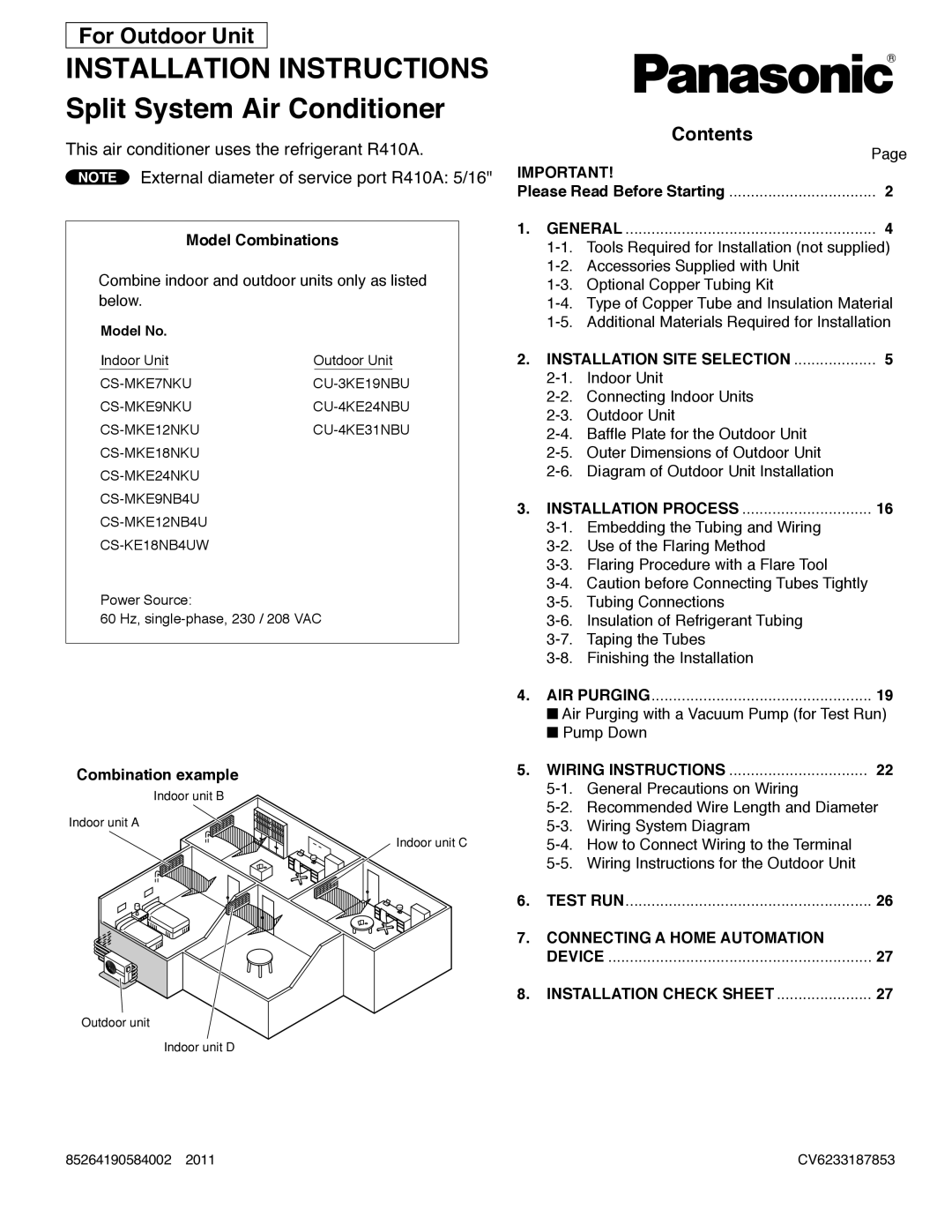 Panasonic CU-4KE24NBU, CU-4KE31NBU, CU-3KE19NBU service manual For Outdoor Unit, Contents 