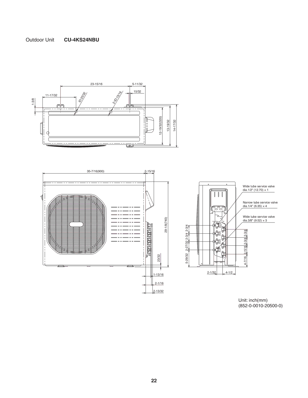 Panasonic CU-4KS31NBU service manual Unit inchmm 852-0-0010-20500-0 