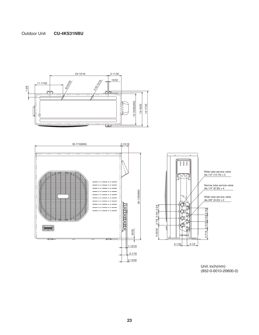 Panasonic CU-4KS31NBU service manual Unit inchmm 852-0-0010-20600-0 