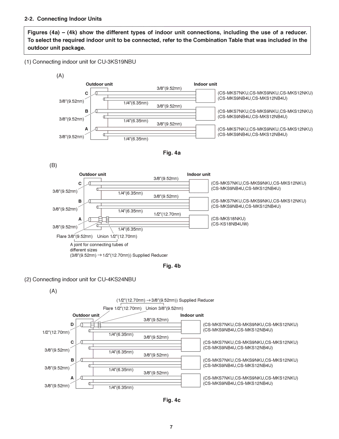 Panasonic CU-4KS31NBU service manual Connecting Indoor Units, Connecting indoor unit for CU-3KS19NBU 